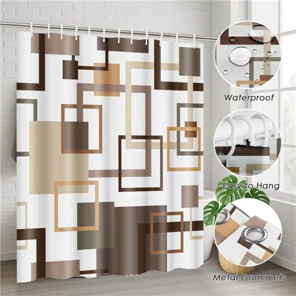 Brown Shower Curtain Set 4 Piece Bathroom Rug Toilet Lid Cover Geometric Modern